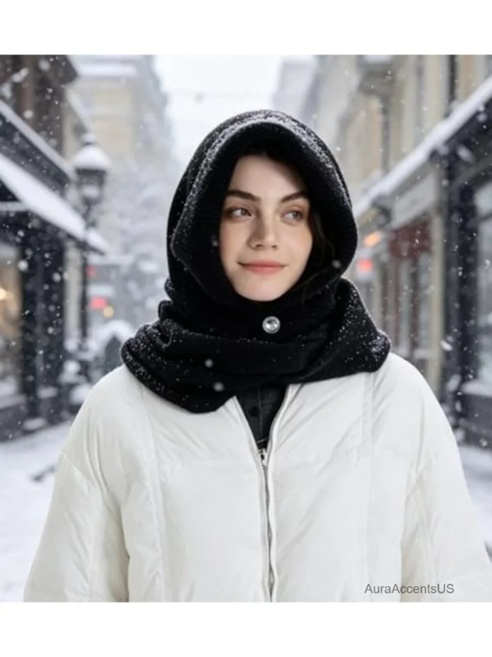 2-in-1 Hooded Scarf Hat Women Winter Knit Balaclava Beanie Cotton Polyester
